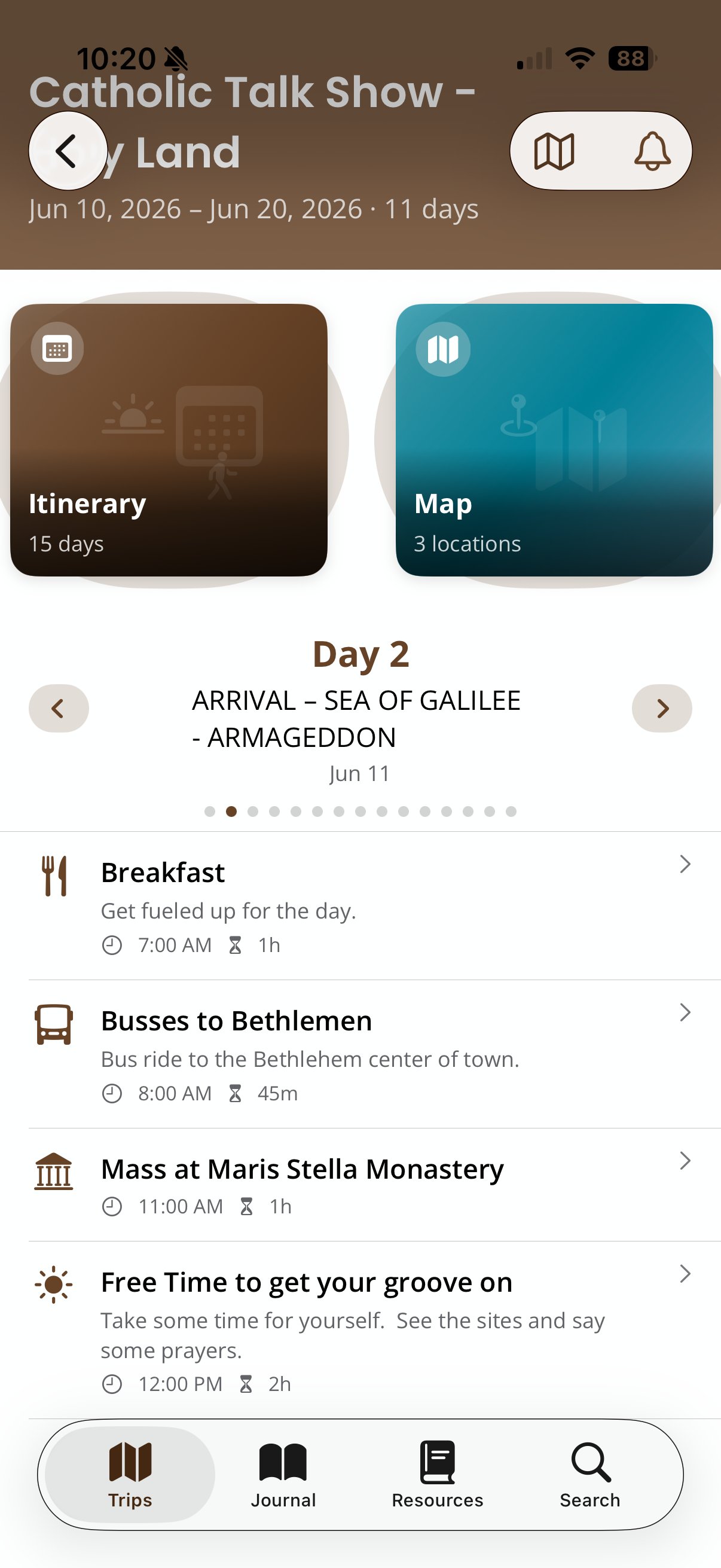 Camigo itinerary screen
