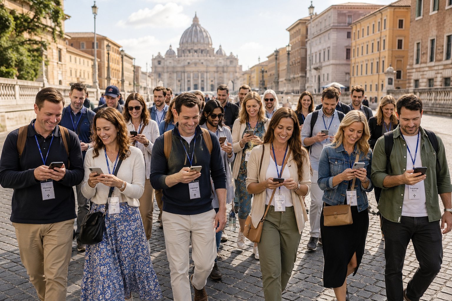 Pilgrims walking toward St. Peter's Basilica using Camigo